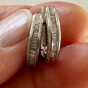 NATURAL Diamond Baguette 14K SOLID White Gold Hoop Earrings (3.6 grams approx.)